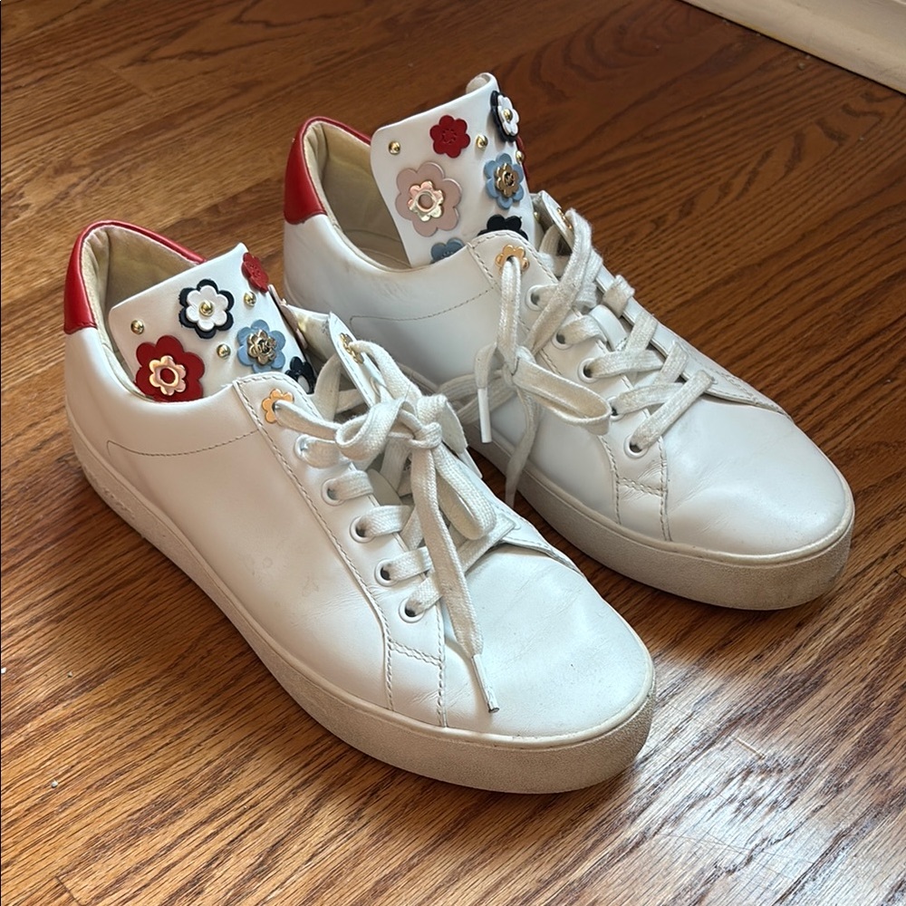 Michael Kors Mindy Lace-Up Leather Sneakers White with Floral Accents Size 10